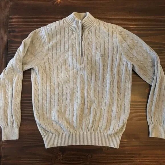 IZOD MEN'S GRAY 1/4 ZIP CABLE KNIT SWEATER SIZE MEDIUM-EUC - Picture 3 of 5